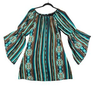 Boho Off Shoulder Bell Sleeve‎ Mini Dress S Y2K Tribal Stripe Cottagecore Indie